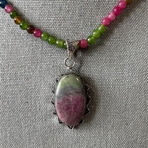 Genuine Ruby in Zoisite Silver Plated Pendant and Tourmaline Beaded Necklace